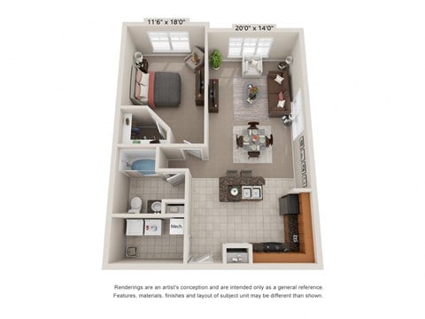 Floor plan for 1 bed, 1 bath, 859 sqft